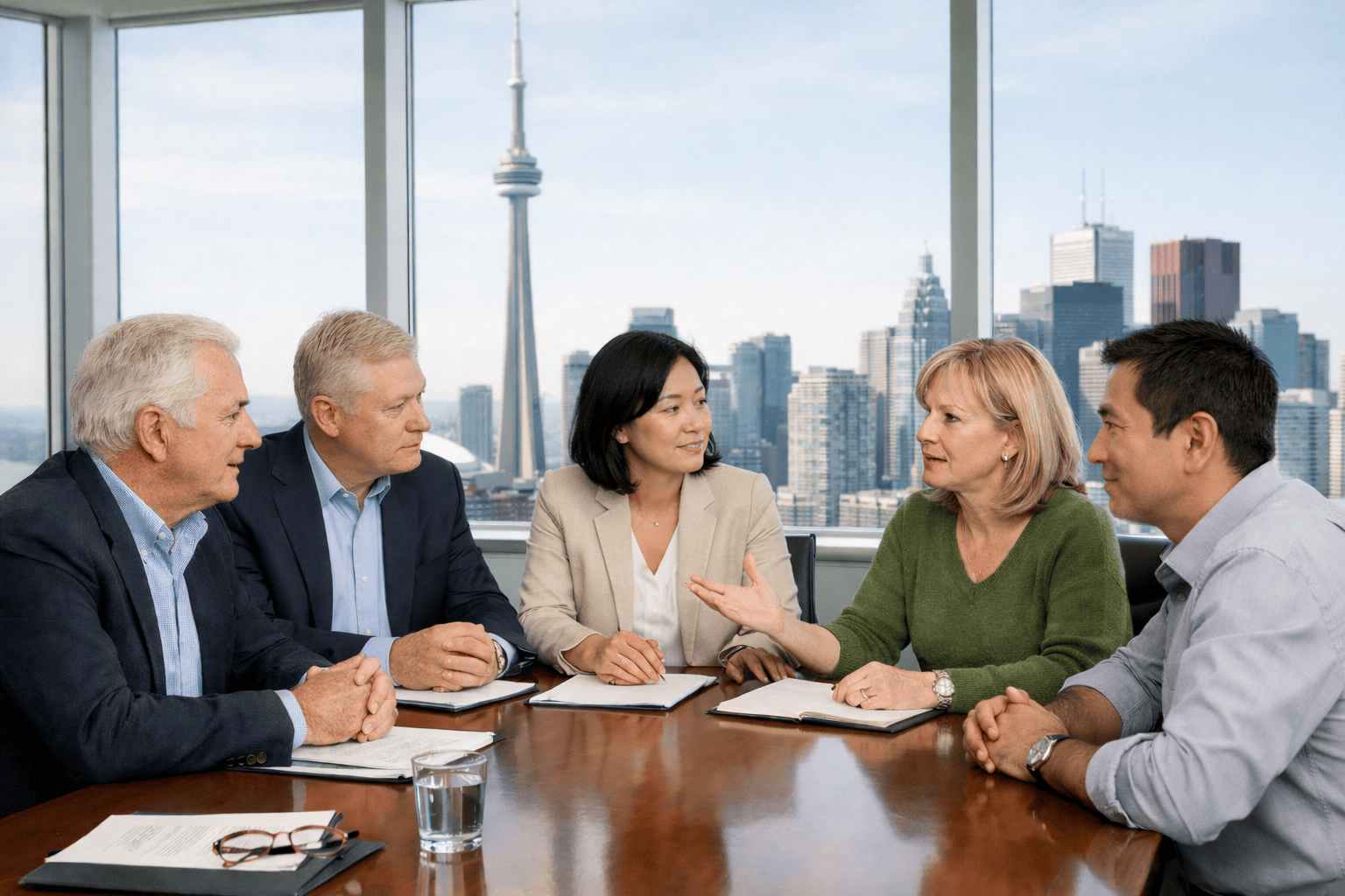 A condo board of directors reviewing a property management proposal during a meeting in a Toronto office with a view of the CN Tower.