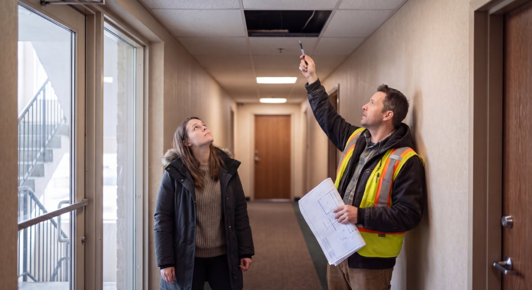 Ontario condo board reviewing building systems plans with an engineer