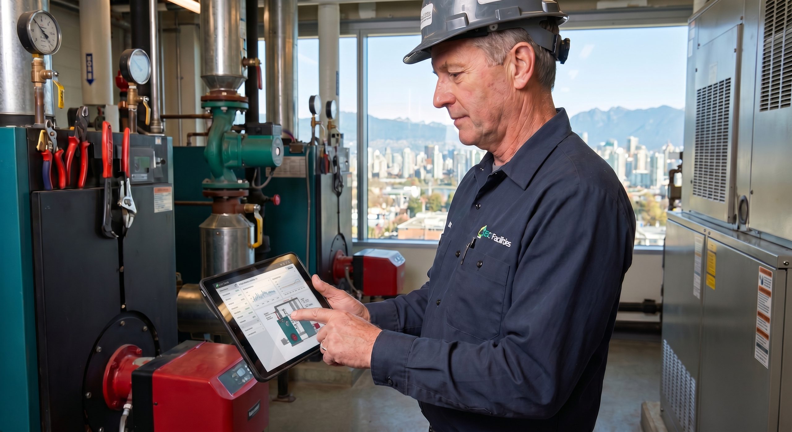 Building operator reviewing preventative maintenance tasks for a BC commercial building