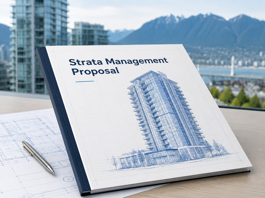 Vancouver strata management company proposal with condo tower blueprint and planning documents