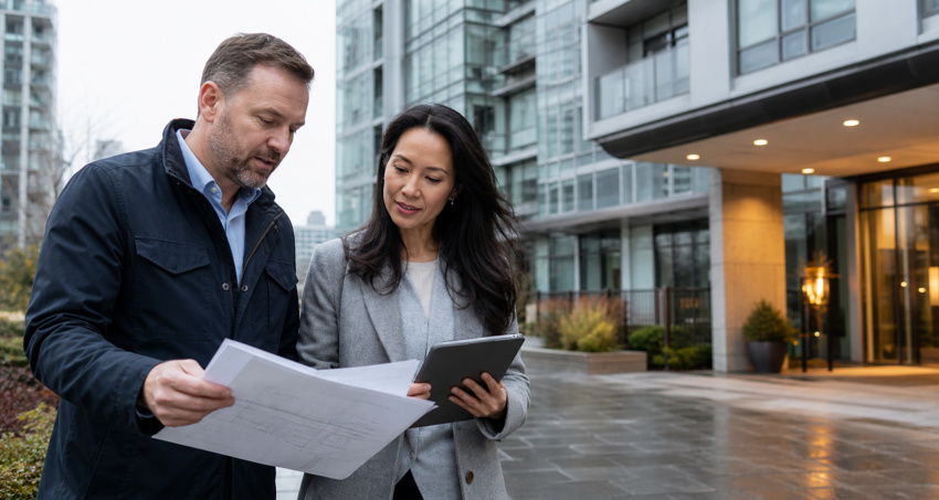 Building maintenance consultant reviewing plans outside a BC strata and commercial property