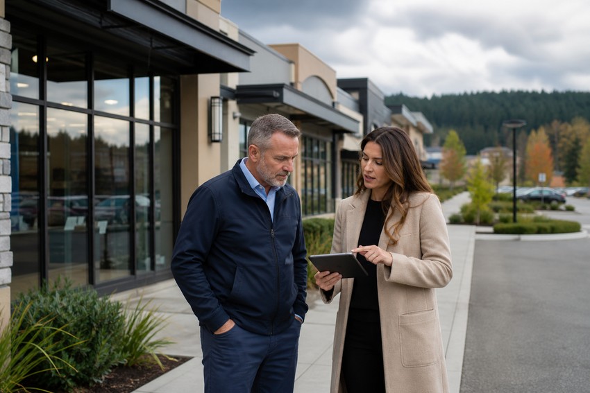Retail property manager reviewing storefront operations at a BC commercial plaza