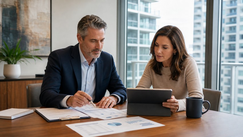 Ontario condo board reviewing financial reports and budget tracking with a property manager