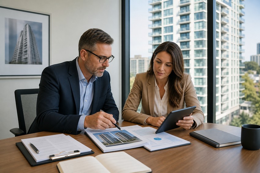 Ontario asset owner reviewing rental building management reports with a property manager