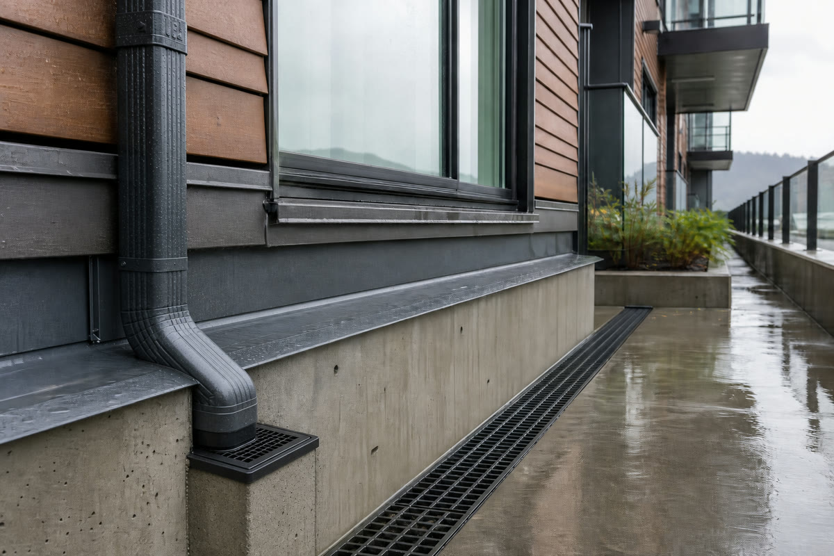 BC strata building envelope, downspout, and trench drain immediately after rainfall