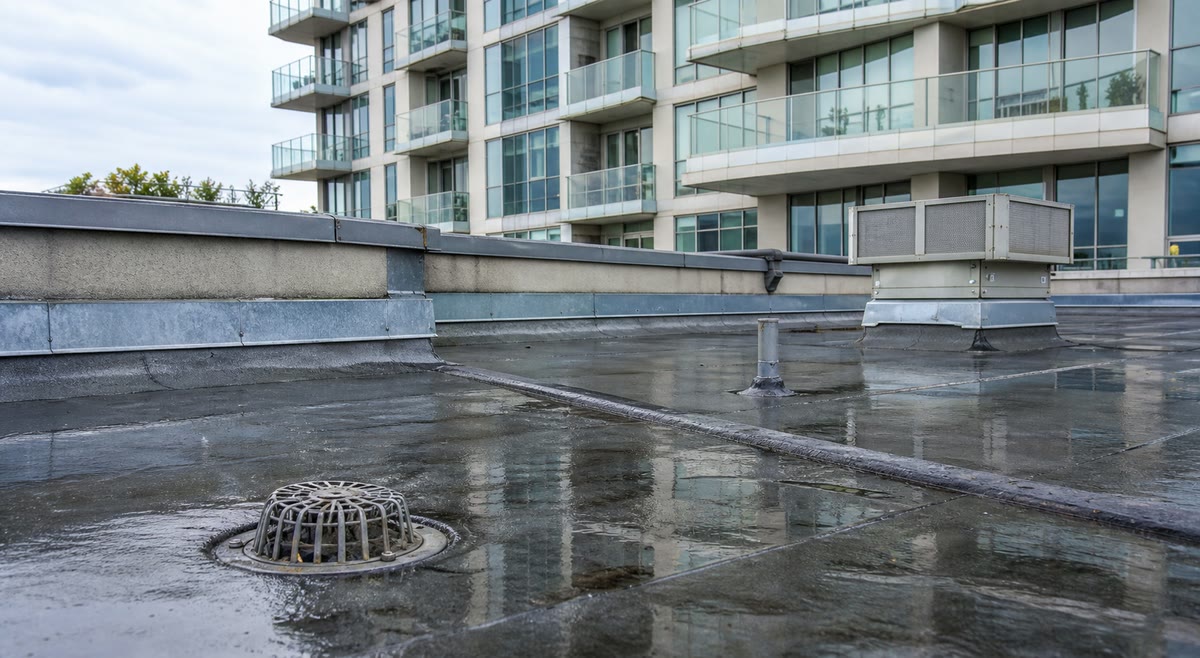 Ontario condominium podium roof showing drainage, flashing, and rooftop equipment after rain