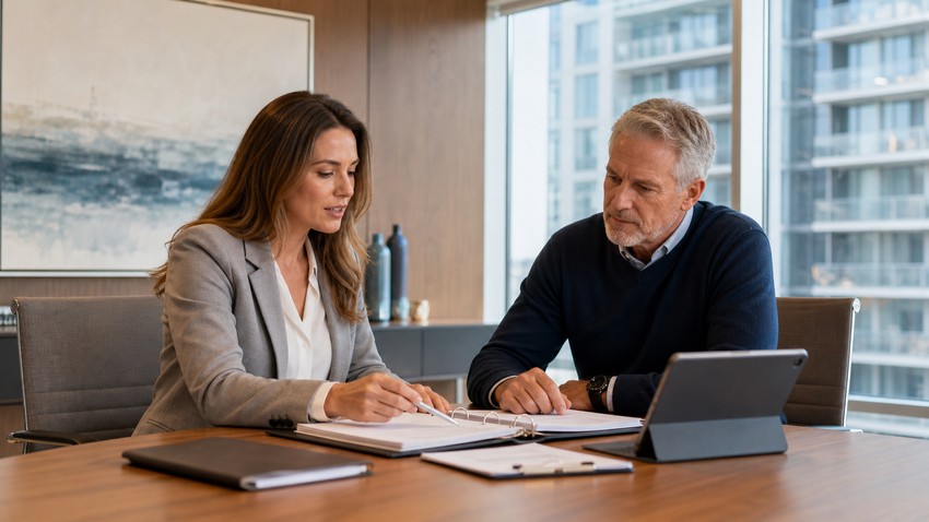Ontario condo board reviewing building risk management records with a property manager