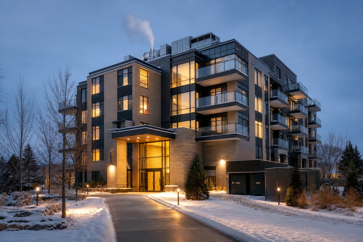 Ontario condominium at winter dusk with lit common areas, rooftop equipment, and a cleared walkway