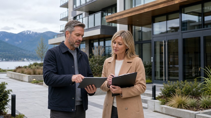 BC property manager reviewing an exterior maintenance plan with a strata council member